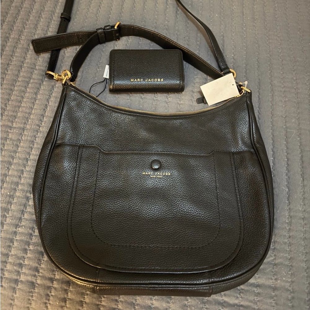Marc Jacobs Black Pebbled Leather Shoulder Hobo with Matching Card Wallet
